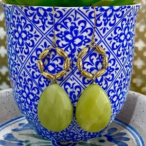 Green Stone Teardrop Earrings with Accents